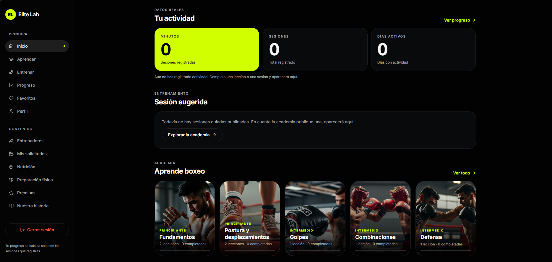 Captura del dashboard de Elite Lab